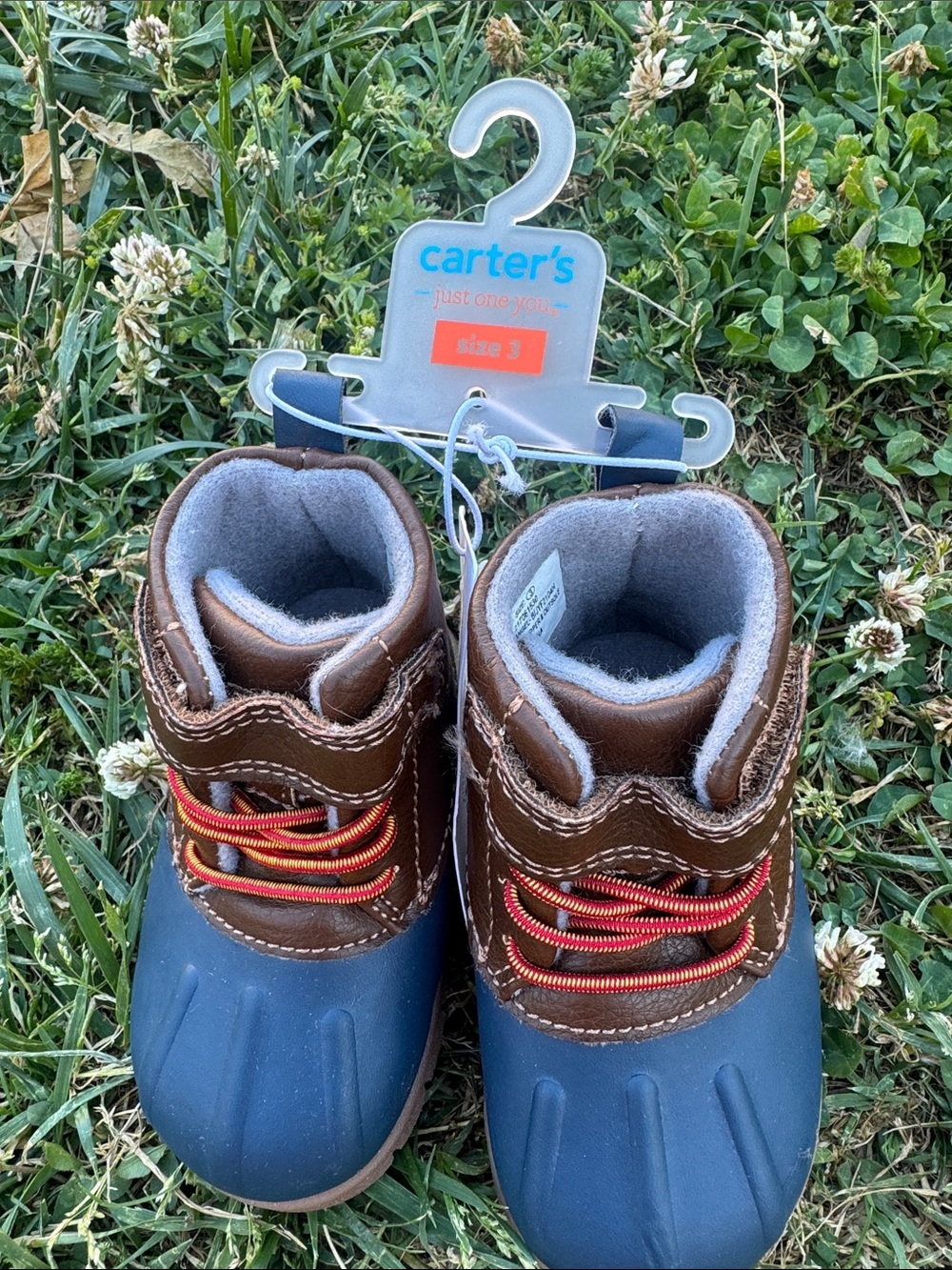 Carter's Navy Blue and Brown Waterproof Kids Duck Boots with Orange Laces